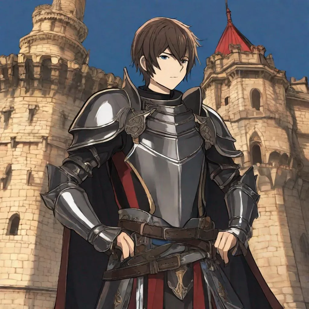 Prompt: Bam from Tower of God anime, in knight armor, in background a western castle tower. Well draw face. Detailed. anime art. studio mappa art. studio trigger art. 2d. 2d art.