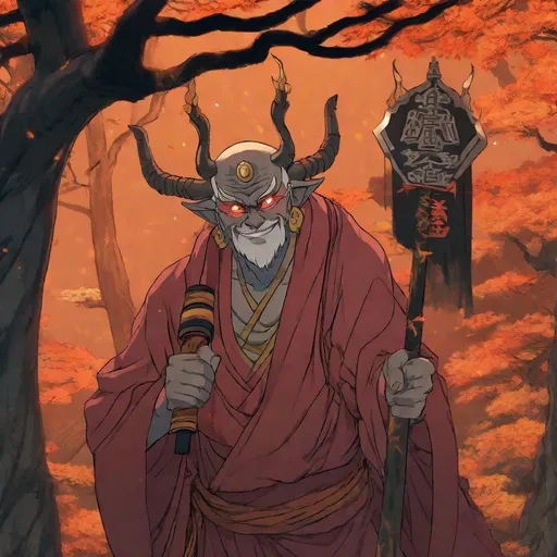 Prompt: A older oni buddhist monk with a Buddhist staff. Well draw face. Detailed. He has oni horns. In background a spooky japanese forest. Studio trigger. Studio mappa art. Anime. Anime art. 2d. Art. 