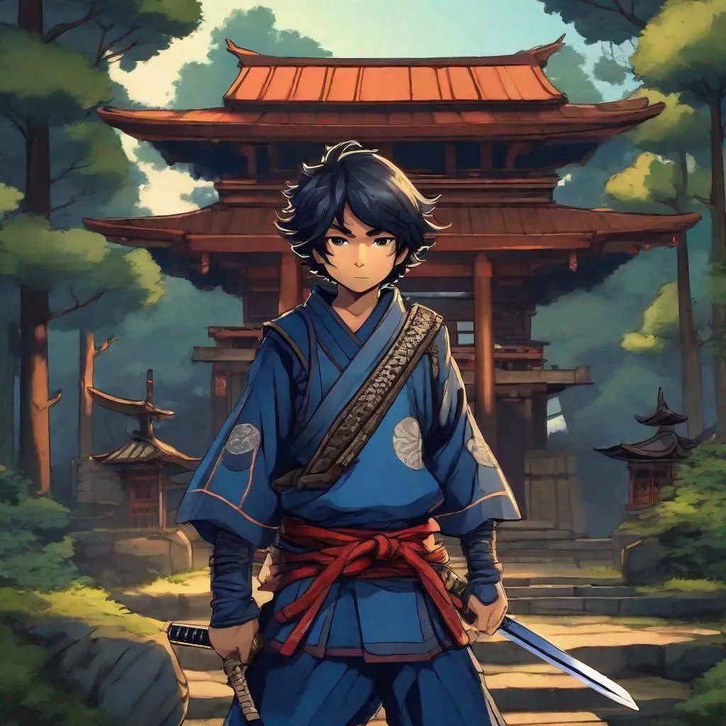 Prompt: A Cute human boy samurai with Tanuki ears and tanuki tail. in dark blue armor. He has two swords at the belt. In background a forest shrine. Anime art. Studio Mappa art. 2d. 2d art. Well draw face. Detailed. 