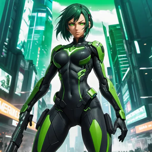 Prompt: Full figure, Whole body. anime art. studio Madhaouse art. A cyborg valkiria warrior in black and green armor. Fighting pose. in background a technofantasy city. anime art. 2d art. 2d.  
