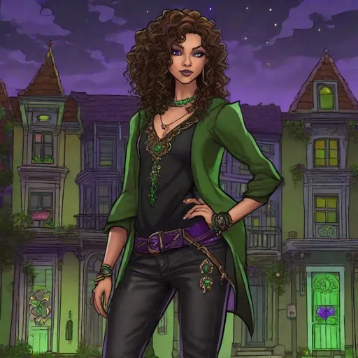 Prompt: full figure. whole body. A Cajun Elf queen. She has curly brown hairs ad green eyes. well draw face, detailed. She wears jeans pants, boots and a tunic.  dressed in black, purple and green. In background New Orleans. Changeling the Dreaming art. Rpg art. 2d art. 2d. well draw face. Detailed. 