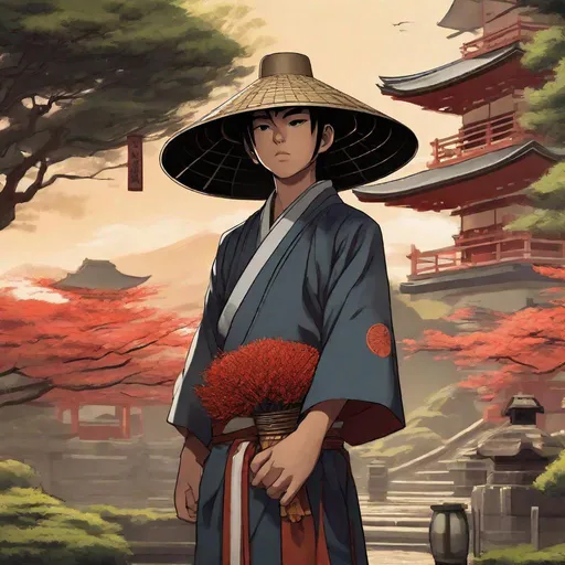 Prompt: Close up. whole body. well draw face. detailed. A young shinto monk with a japanese shinto straw hat. He wields a Buddhist baton with many rings. In background a japanese cimitery. changeling the dreaming art. 2d art. 2d. rpg art.  head and shoulders portrait, 8k resolution concept art portrait by Greg Rutkowski, Artgerm, WLOP, Alphonse Mucha dynamic lighting hyperdetailed intricately detailed Splash art trending on Artstation triadic colors Unreal Engine 5 volumetric lighting