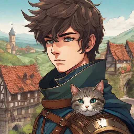 Prompt: A human boy with cat's ears. in leather medieval armor. In background a medieval european village. Anime art. Studio Mappa art. 2d. 2d art. Well draw face. Detailed. 