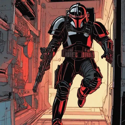 Prompt: a male in black crusader armor. Red shoulder pads. Red Knee-highs. He wears a helmet with a narrow visor. He is standing on a space ship deck. he is shooting against enemies hidden back to a door. He has two pistols. Marvel art. Star wars art. Comics art. 2d art. 2d.
  