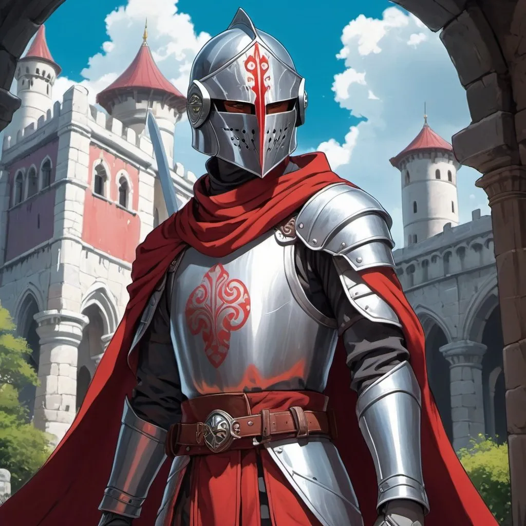 Prompt: A human knight in scifi silver and red medieval Byzantine armor. He wields a sword. He wears a full closed helmet covering his head and face. detailed. In background a scifi western castle. Anime art. Studio Ghibli art. 2d. 2d art.