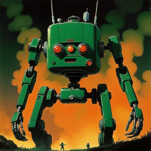 Prompt: anime art. studio ghibli art. an plain evil robotic common infantry in dark and green. robotic. it shot fire. Anime art. studio ghibli art