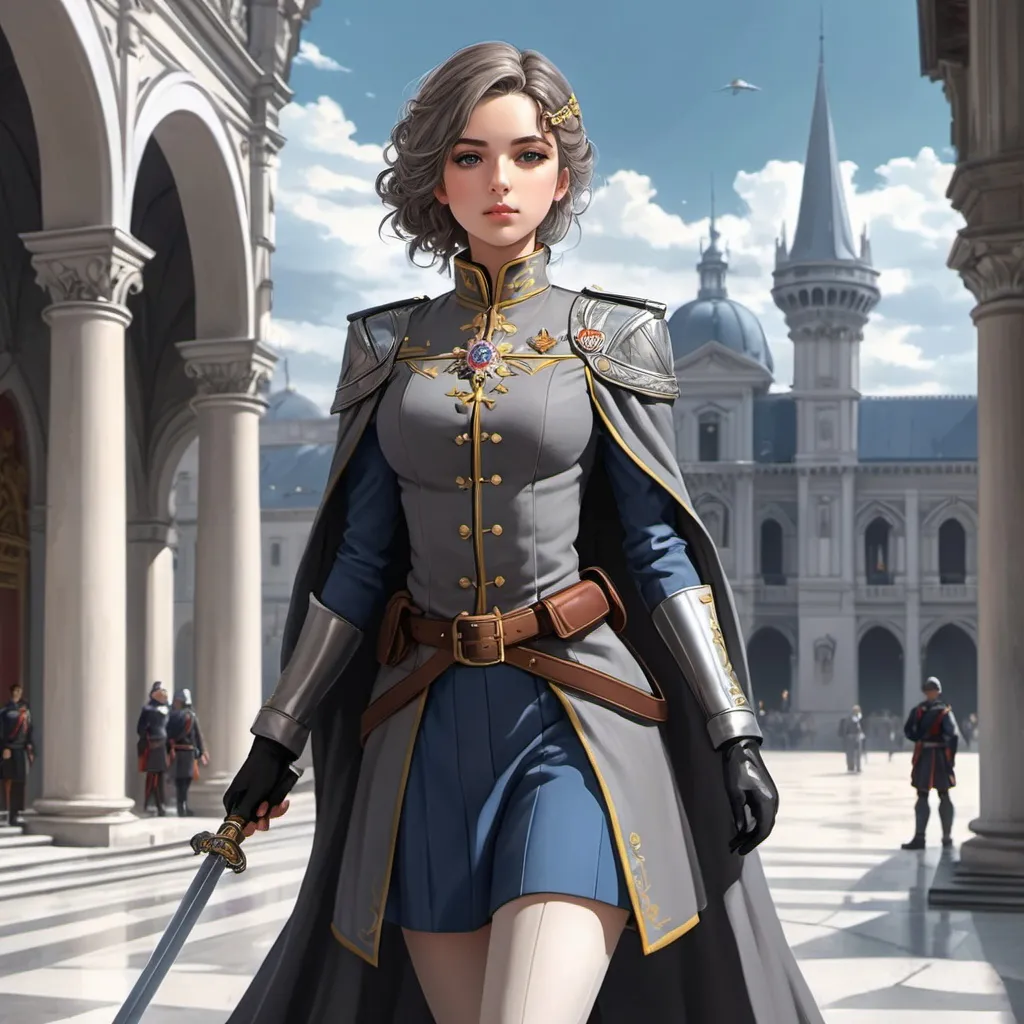 Prompt: Full Figure, Whole body. studio mappa art. Anime art. 2d art. 2d.. a young human female noble woman in vaguely medieval Italian fantasy military grey uniform.  He wields a sabre. detailed. well draw face. In background a scifi royal palace. 