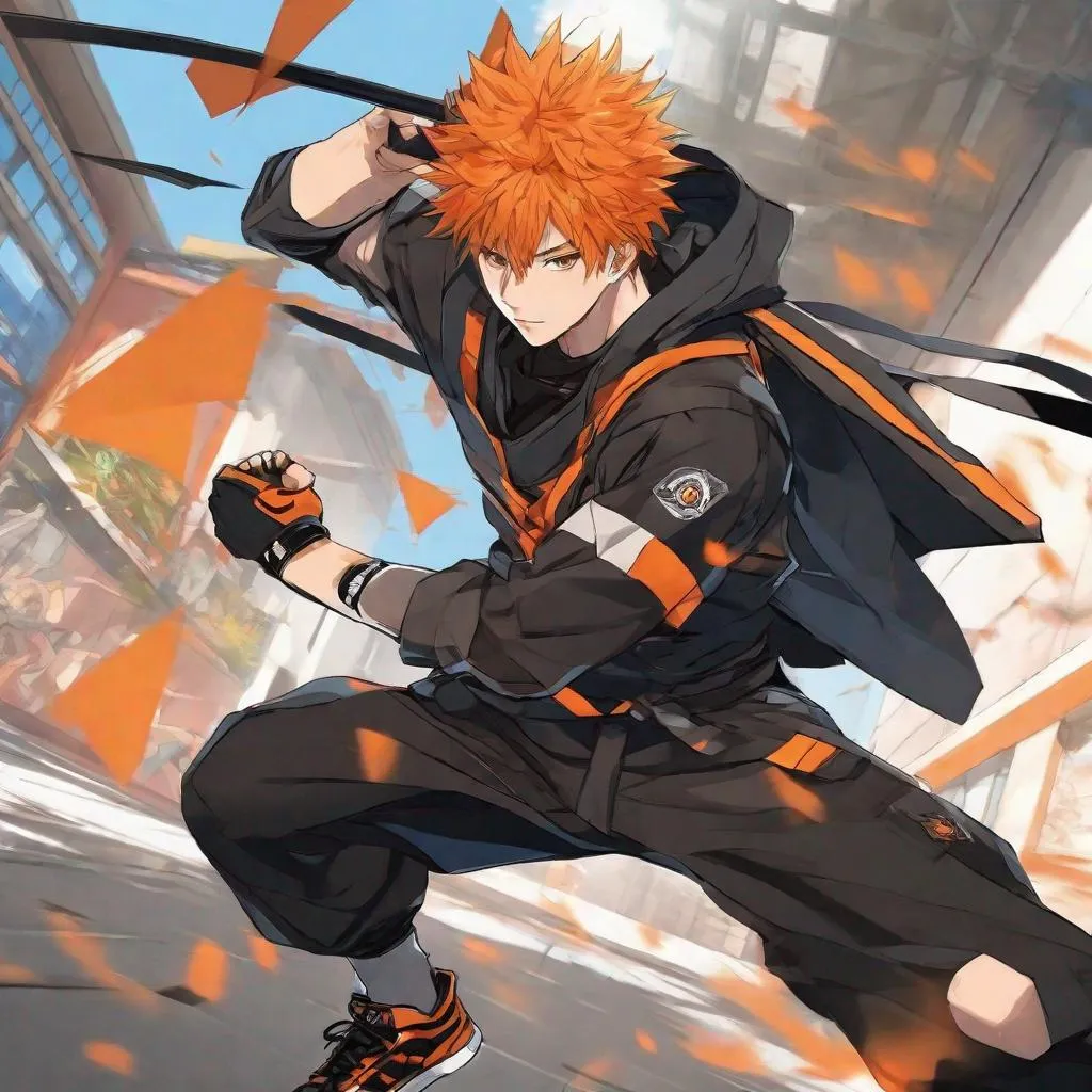 Prompt: A Male cute boy in Sport outfit. He has orange hairs. well draw face. detailed. Dynamic Combat Pose. in Background a Japanese school. Studio Mappa art, studio trigger art. anime art. 2d. 2d art. 