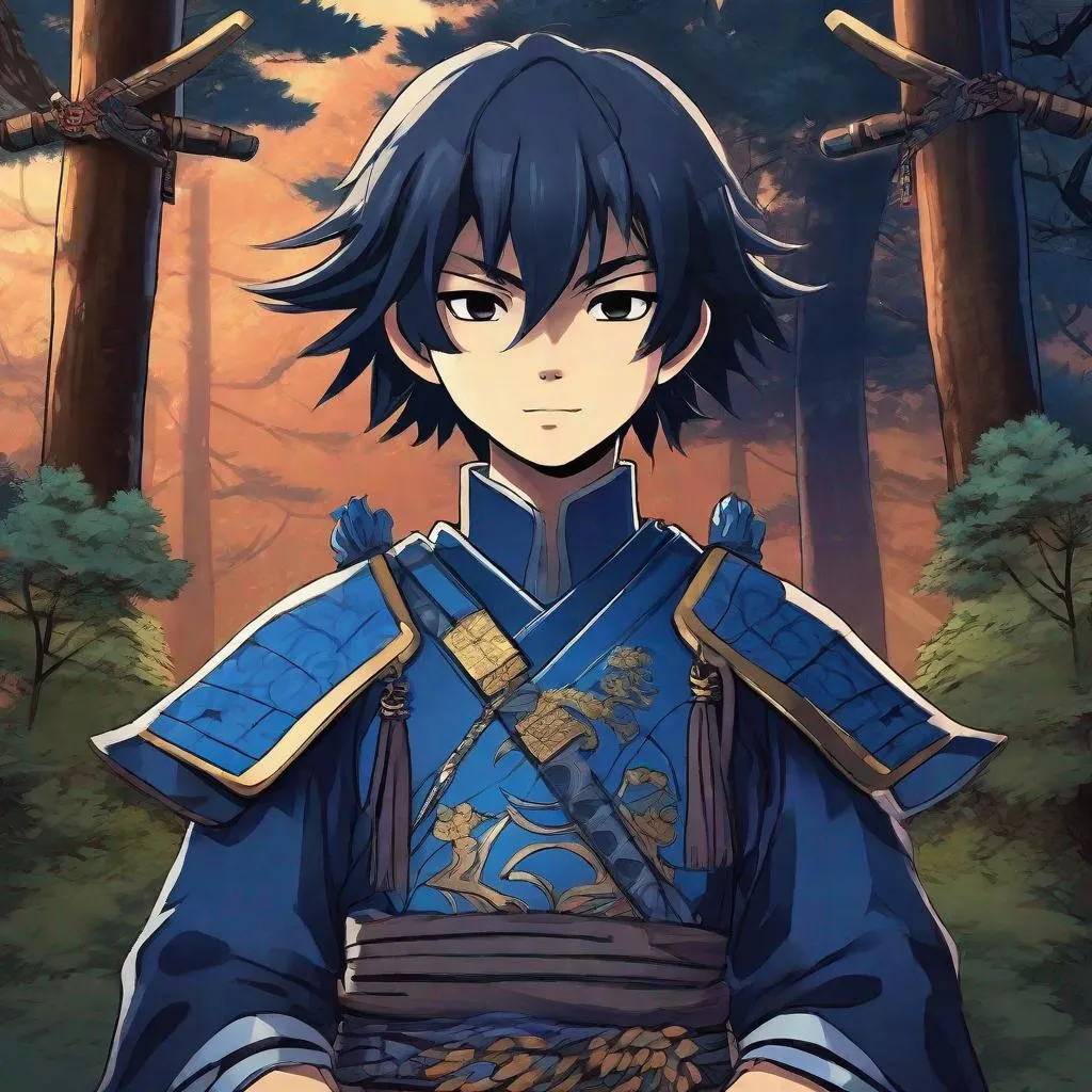 Prompt: A Cute human boy samurai in dark blue armor. He has two swords at the belt. In background a forest shrine. Anime art. Studio Mappa art. 2d. 2d art. Well draw face. Detailed. 