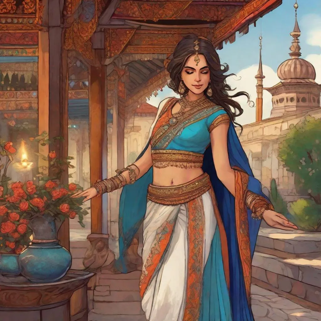 Prompt: A a 20 years old female mage in Indian Sari. She is dancing. In background a tea house of XVI century Istanbul. mage the ascension art. Rpg art. 2d art. 2d. well draw face. Detailed. 