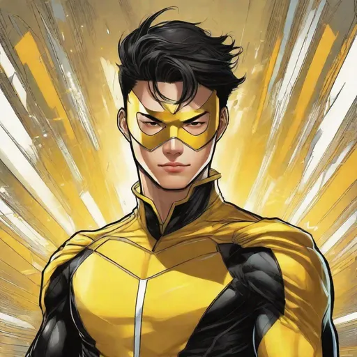 Prompt: A chinese young man superhero in Yellow and black spandex uniform. He does kung-fu. He wears a superhero mask covering face. Marvel art. Comics art. DC comics art. Well draw face, detailed.  2d art. 2d.