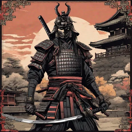 Prompt: evil looking Samurai from Tokugawa japan. He wields a katana. He has a scorpion tail. in Background Edo castle.  Well draw face, detailed. Rpg art. 2d art. 2d. 