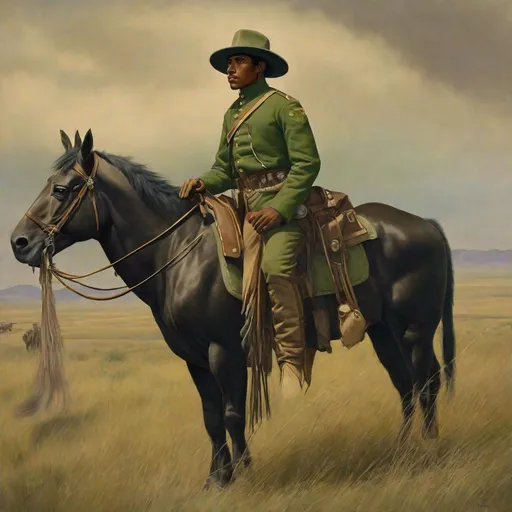 Prompt: Whole body. Full figure. Union army native american buffalo soldier light cavalryman. he wears a green-grey uniform. In background Montana prairies. Well draw face. Detailed. realistic helmets. Historical photo. WWI pics.  