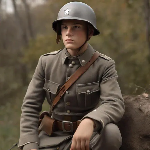 Prompt: Whole body. Full figure. Confederate soldier. Cadet Gray Uniform. WWII M33 italian helmet Helmet. In background a trench . Well draw face. Detailed. realistic helmets. Historical photo. WWII pics.  
