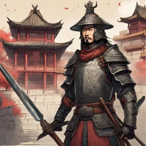 Prompt: A chinese medieval man in medieval chinese soldier armor and helmet. He wields a spear. in background a chinese castle. wuxia art. Rpg art. 2d art. 2d. well draw face. Detailed. Dynamic pose.