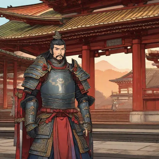 Prompt: A Old medieval japanese general. He wears an heian style armor. In background a japanese imperial palace. Anime art. Studio Mappa art. 2d. 2d art. Well draw face. Detailed. Dynamic Pose.
