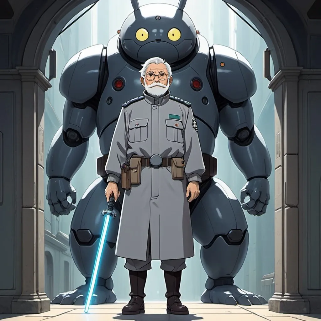 Prompt: Full Figure, Whole body, studio ghibli art. A 65 years old scifi noble. He wears a gray scifi uniform. He helds a sabre tied to the belt. In background a scifi palace. anime art. studio ghibli art. 2d art. 2d.