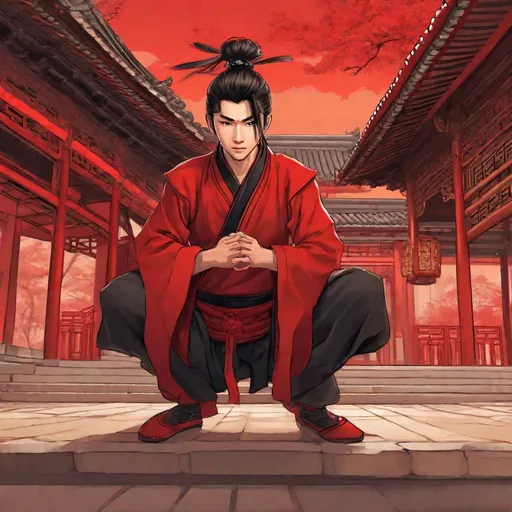 Prompt: cute 20 years old chinese boy in red kung-fu attire. in background a Pagoda. Well draw face. Detailed. wuxia art. Rpg art. 2d art. 2d. well draw face. Detailed. Dynamic pose.