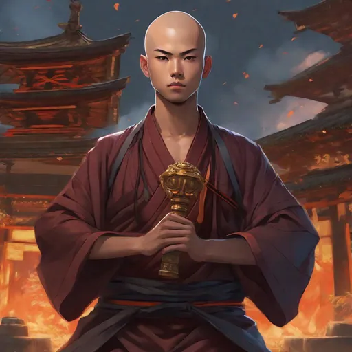 Prompt: full figure, whole body. well draw face. detailed. A young buddhist monk. Bald. He wields a Buddhist baton with many rings. In background a japanese graveyard. anime. anime art. 2d art. 2d. rpg art.   head and shoulders portrait, 8k resolution concept art portrait by Greg Rutkowski, Artgerm, WLOP, Alphonse Mucha dynamic lighting hyperdetailed intricately detailed Splash art trending on Artstation triadic colors Unreal Engine 5 volumetric lighting