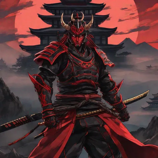 Prompt: an anime oni male samurai in black and red armor. Well draw face. Detailed. He has two horns on the front. In background a spooky japanese castle on a black mountain. Studio trigger art. Studio Mappa art. Anime art. 2d art. 2d. 