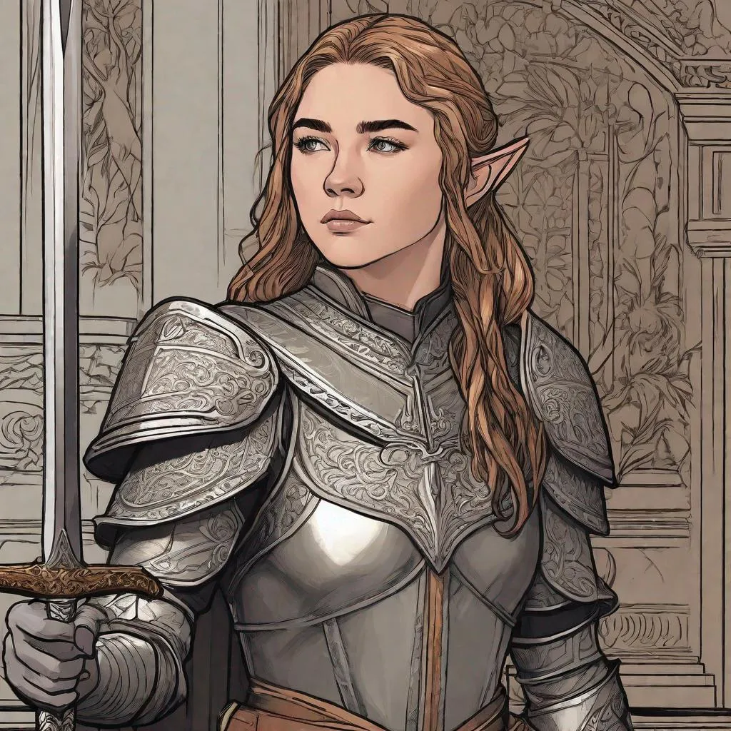 Prompt: Florence Pugh as a young elf with long elf ears. She has light brown hairs. knight in silver armor. Pointed ears. She wields a two handed sword. well draw face, detailed. In background a southern Plantation. Changeling the Dreaming art. Rpg art. 2d art. 2d. well draw face. Detailed. 