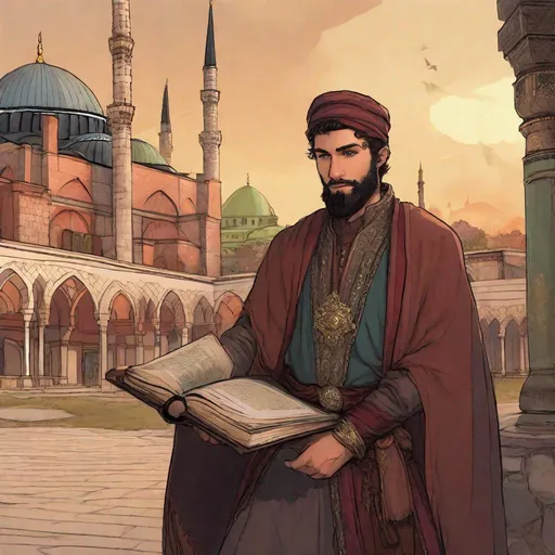 Prompt: A a 30 years old mage in ottoman garb. He is holding a book. In background a mosque in XVI century Istanbul. Changeling the Dreaming art. Rpg art. 2d art. 2d. well draw face. Detailed. 