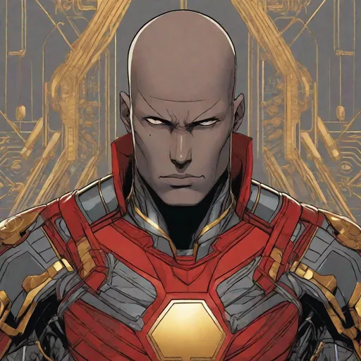 Prompt: A humanoid with "red" skin and bald head in gray uniform decorated with three lines of gold on the chest. Marvel comics art. Comics art. 2d art. DC comics art. Well draw face, detailed.