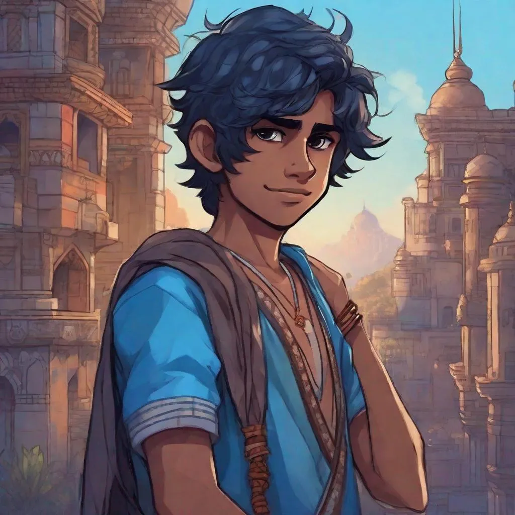 Prompt: A cute young 20 years old hindu boy . he wiled a bow. Blue skin. in background an indian modern city. cute. Rpg art. 2d art. 2d. Well draw face. Detailed. 