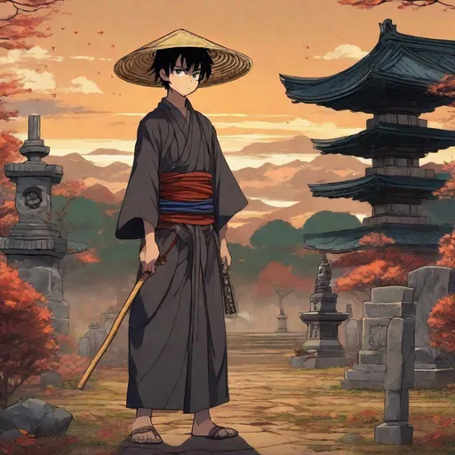 Prompt: full figure, whole body. well draw face. detailed. A young buddhist monk with a japanese straw hat. He wields a Buddhist baton with many rings. In background a japanese graveyard. anime. anime art. studio mappa art. studioo trigger. 2d art. 2d. rpg art. 