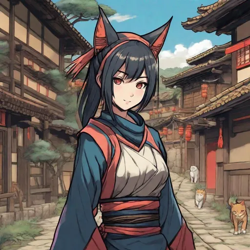 Prompt: A human Shinobi Girl with cat's ears. Two tails. In background a medieval japanese Village. Anime art. Studio Mappa art. 2d. 2d art. Well draw face. Detailed. Dynamic Pose.