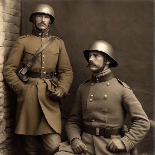 Prompt: Whole body. Full figure. Confederate soldier. Italian adrian helmet. In background a trench . Well draw face. Detailed. realistic helmets. Historical photo. WWII pics.  