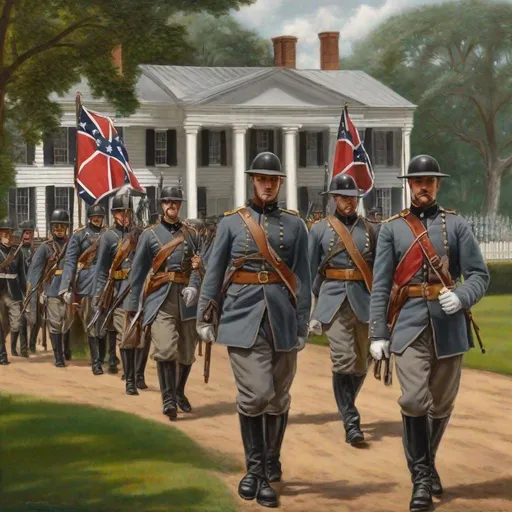 Prompt: Confederate soldiers of the Army of Northern Virginia Marching in front of the Confederate White House. British helmets. cadet gray uniform. Well draw face. Detailed. realistic helmets. Historical photo. WWII pics.  