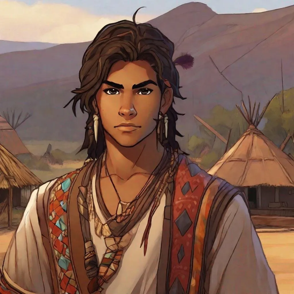 Prompt: 20 years old cute iroquois boy. He wears traditional clothes. In background Australia. Rpg art. 2d art. 2d.