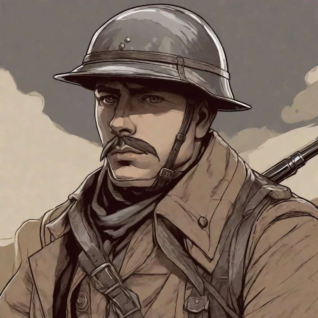 Prompt: Whole body. Full figure. Confederate soldier in French wwi helmet. In background a trench. Well draw face. Detailed. Rpg art. 2d art. 2d.