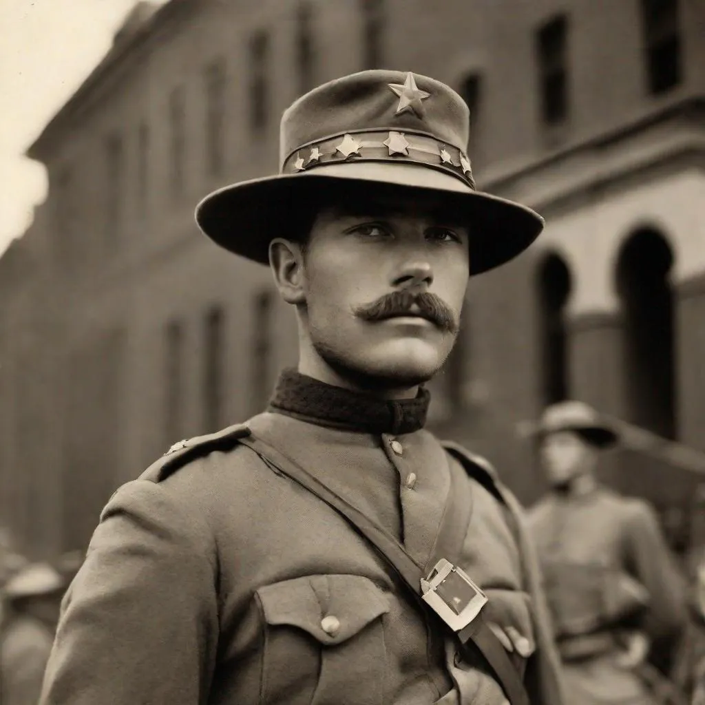 Prompt: A confederate soldier in early XX century uniform. He wears a ANZAC hat. In background a sud american city. Well draw faces. Detailed. Historical photo. WWII pics.  