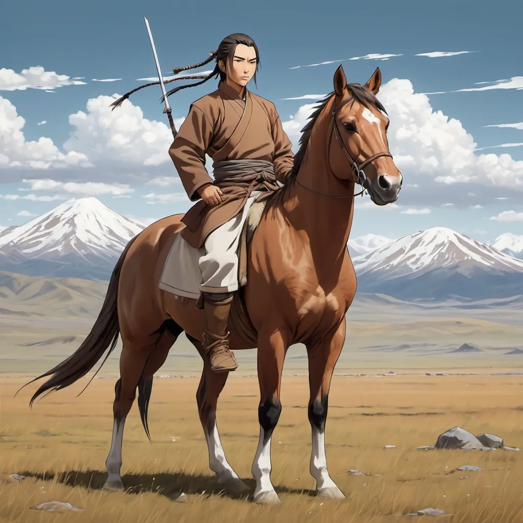 Prompt: Full Body, whole figure. An nice young mongol warrior near an horse. Well draw face, detailed. The horse is brown and white. In backrgound a yurta and the steppes. Anime art. Sword art online style. 2d art. 2d. 