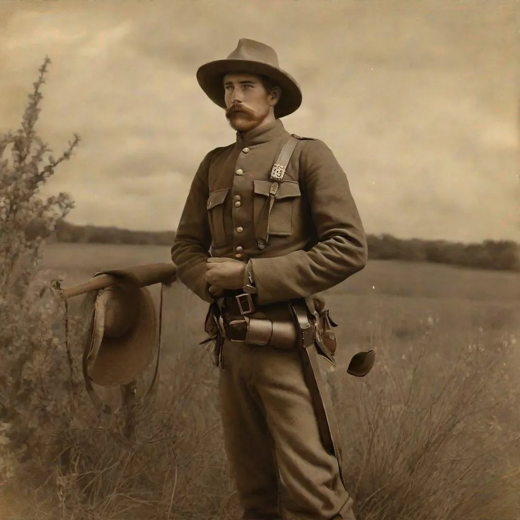 Prompt: Whole body. Full figure. Confederate light cavalryman. Wwi Anzac hat. In background Texas prairies. Well draw face. Detailed. realistic helmets. Historical photo. WWI pics.  