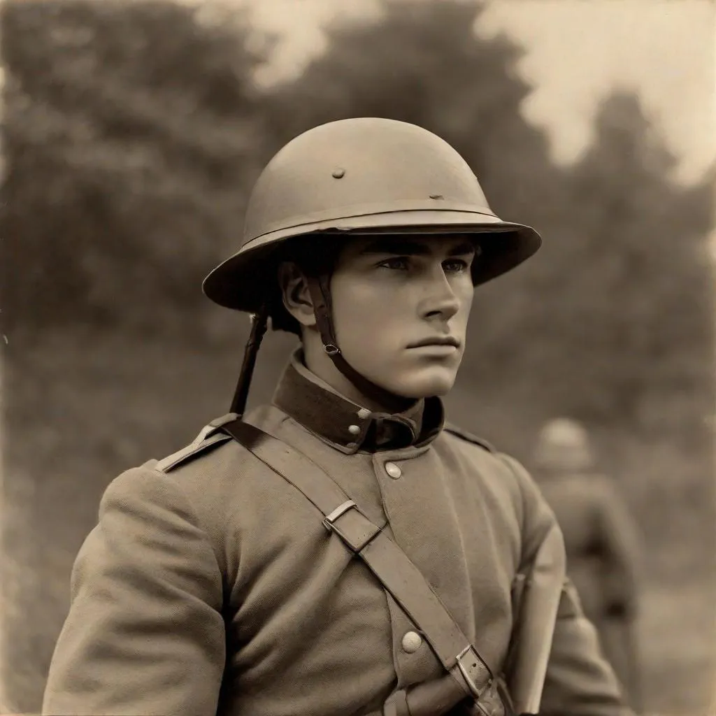 Prompt: Whole body. Full figure. Confederate cherokee soldier. Cadet Gray Uniform. WWII M33 italian helmet Helmet. In background a trench . Well draw face. Detailed. realistic helmets. Historical photo. WWII pics.  