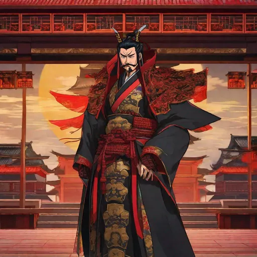 Prompt: Oda Nobunaga as demon emperor. In background a japanese demonic palace. Studio Mappa art, studio trigger art. anime art. 2d. 2d art. 