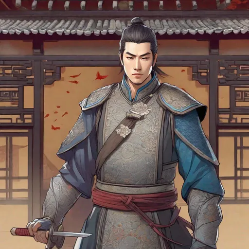 Prompt: A chinese medieval man in medieval police dress. short hairs. He folds an origami. in background a chinese garden. wuxia art. Rpg art. 2d art. 2d. well draw face. Detailed. Dynamic pose.