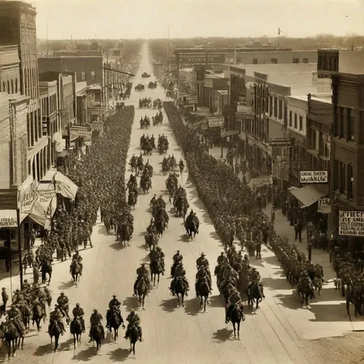 Prompt: City of Amarillo, TX USA, main street. Rough raider cavalrymen on hordes are marching in the main street. Historical photo. WWII pics.  