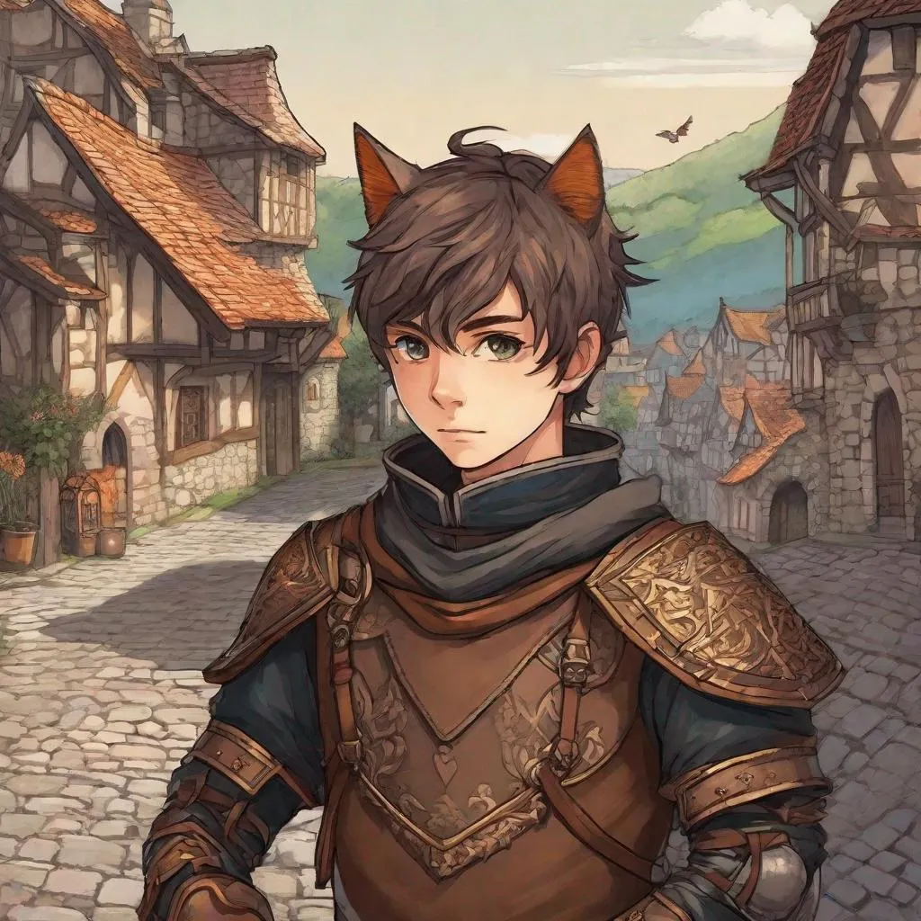 Prompt: A human boy with cat's ears. in leather medieval armor. In background a medieval european village. Anime art. Studio Mappa art. 2d. 2d art. Well draw face. Detailed. 