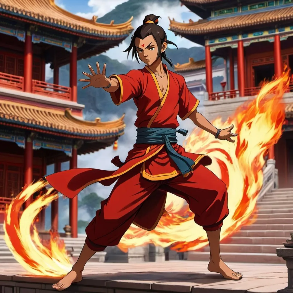 Prompt: avatar art, anime art. full body, whole figure. a fire bender boy warrior original character in red dress. Combat pose. well draw face. detailed. in background a chinese palace. Avatan art. anime art. western animation art. 2d art. 2d.