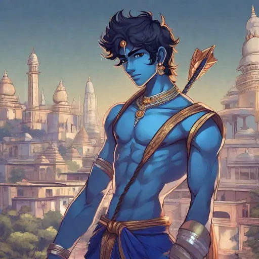 Prompt: A cute young 20 years old hindu boy. He has vishnu blue skin tone.  he wiled a bow. he has blue  skin tone. in background an indian modern city. cute. Rpg art. 2d art. 2d. Well draw face. Detailed. 