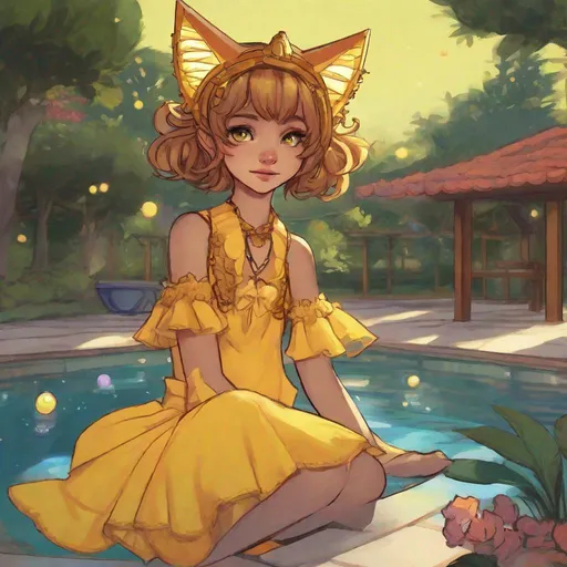 Prompt: a young girl with cat's ears and tail. She has cat ears. she has feline eyes. she wears a yellow skirt. and she is playing in a pool. Changeling the Dreaming art. Rpg art. 2d art. 2d. well draw face. Detailed. 