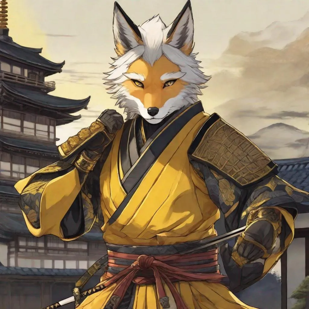 Prompt:  A samurai boy in Yellow armor. Fox ears and fow tail. White hairs. In background a japanese castle. Well draw face. Detailed. Dynamic pose. Anime. Anime art. 2d art. 2d.