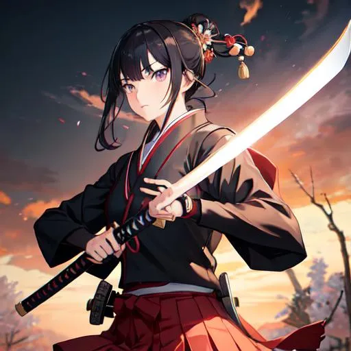 Prompt: A Japanese High school student uniform. He stand in defensive position wielding two katanas. well draw face. detailed. In background a destroyed school. anime art. studio mappa art. studio trigger art. 2d 2d art.