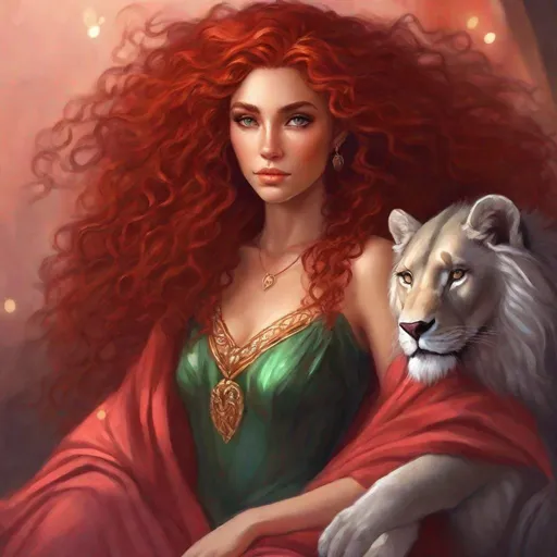 Prompt:  A beautiful elf woman with red-brown curly hairs. She dress in a red dress, with a silver lion on her heart. Changeling the dreaming art. Pastel art. Rpg art. 2d art. 2d.