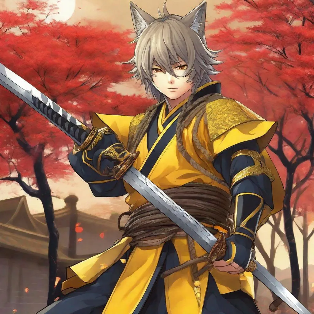 Prompt: A samurai boy in Yellow armor. Fox ears and fow tail. White hairs. In background a japanese castle. Well draw face. Detailed. Dynamic pose. Anime. Anime art. 2d art. 2d.. by artist "anime", Anime Key Visual, Japanese Manga, Pixiv, Zerochan, Anime art, Fantia
