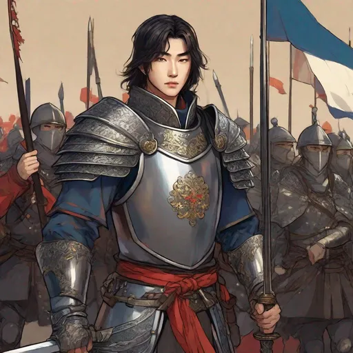 Prompt: A young medieval Korean general. He wears an armor. He wields a sword. In background an army in parade. Well draw face. Detailed. studio mappa art. studio trigger art. anime art. 2d. 2d art. 